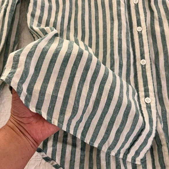 Faherty Laguna Linen relaxed blouse green white stripe L - Picture 4 of 11